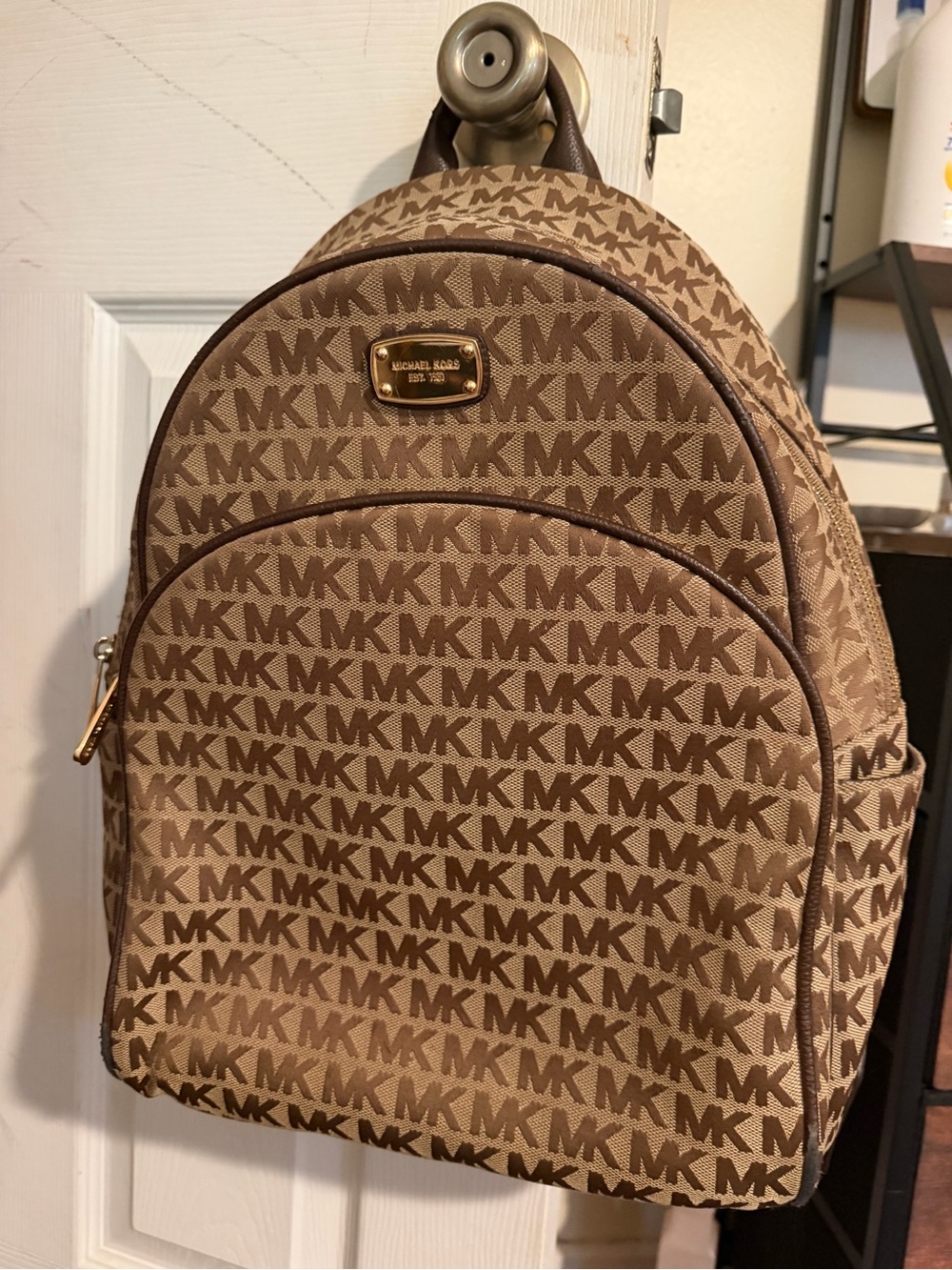 Michael Kors Tan and Brown MK Logo Backpack with Gold Hardware